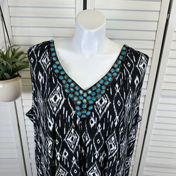 New Catherines Black White Ikat Maxi Dress Turquoise Gemstone Neck Plus Size 5X - Picture 2 of 9
